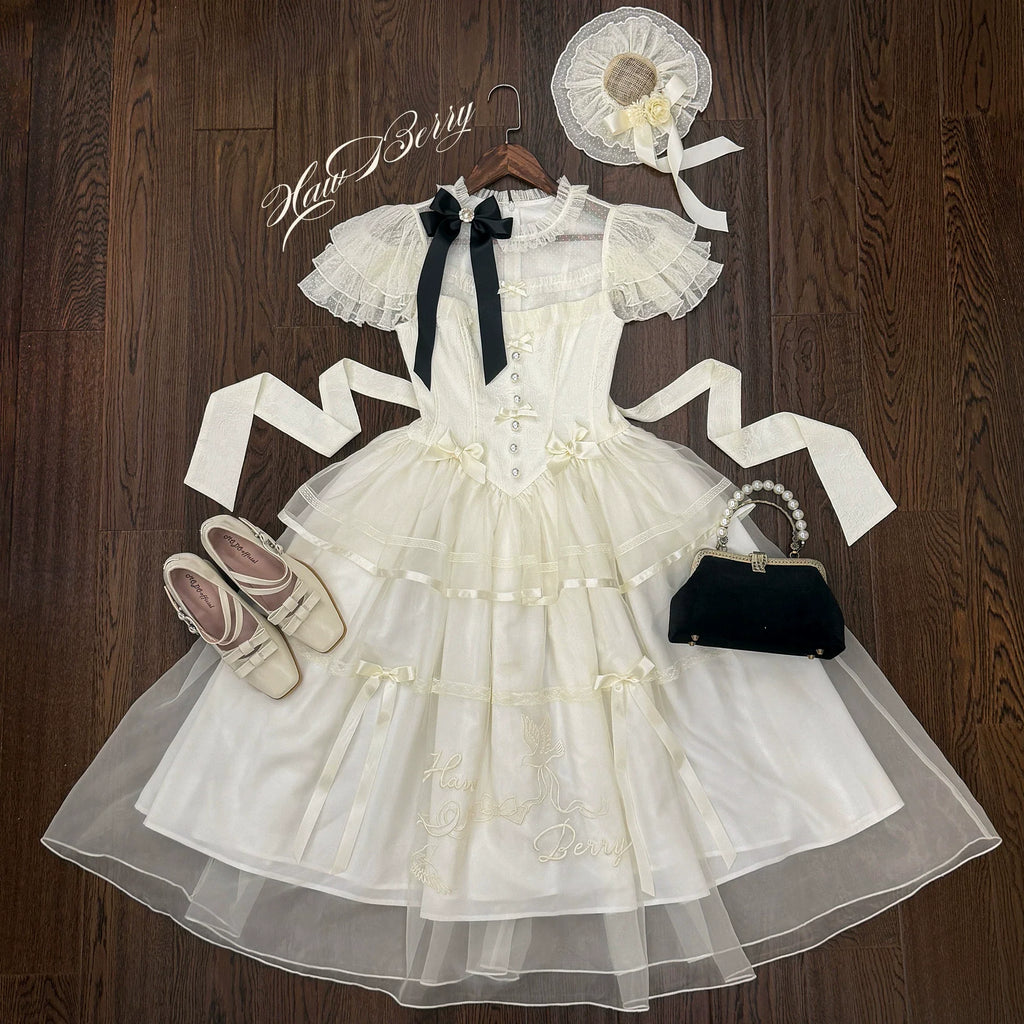 White Bird Love Letter - Classic Lolita Jacquard OP Dress, Embroidered Tulle Hem and Accessories - image 6