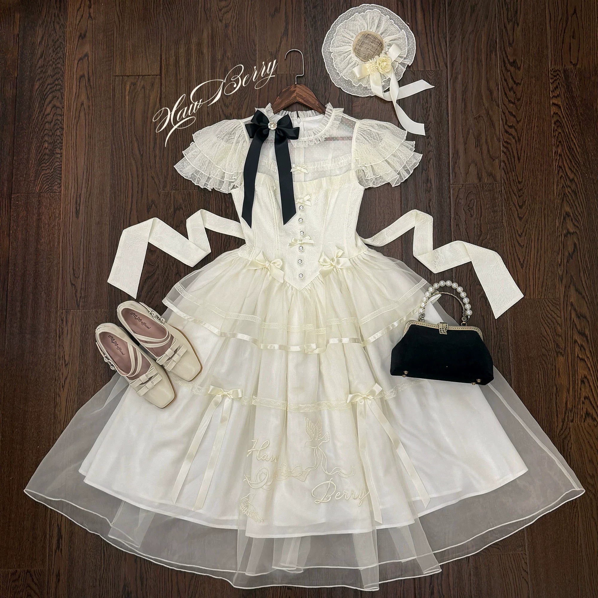 White Bird Love Letter - Classic Lolita Jacquard OP Dress, Embroidered Tulle Hem and Accessories - image 6