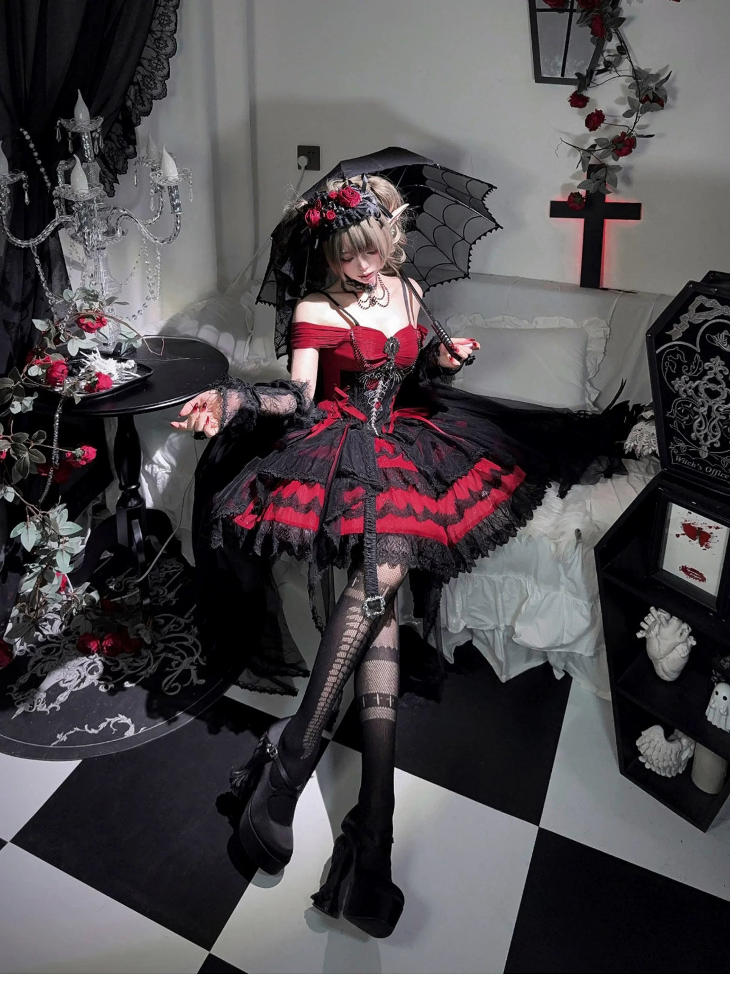 Eternal Thorn of the Dragonbone - Embroidered Gothic Lolita JSK Dress, Off-Shoulder and Accessories - image 12