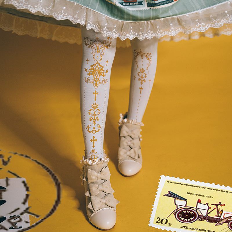 Elegant Lolita Gold Foil Printed Tights - image 7