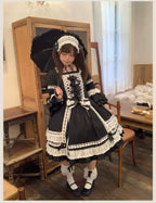 First Otome Black Old School Lolita OP Dress, Lace Details - image 7