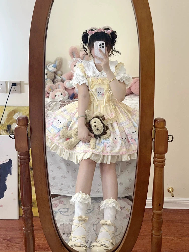 Meow Pompom - Sweet Lolita Salopette Dress Suit, Cat Print - image 11