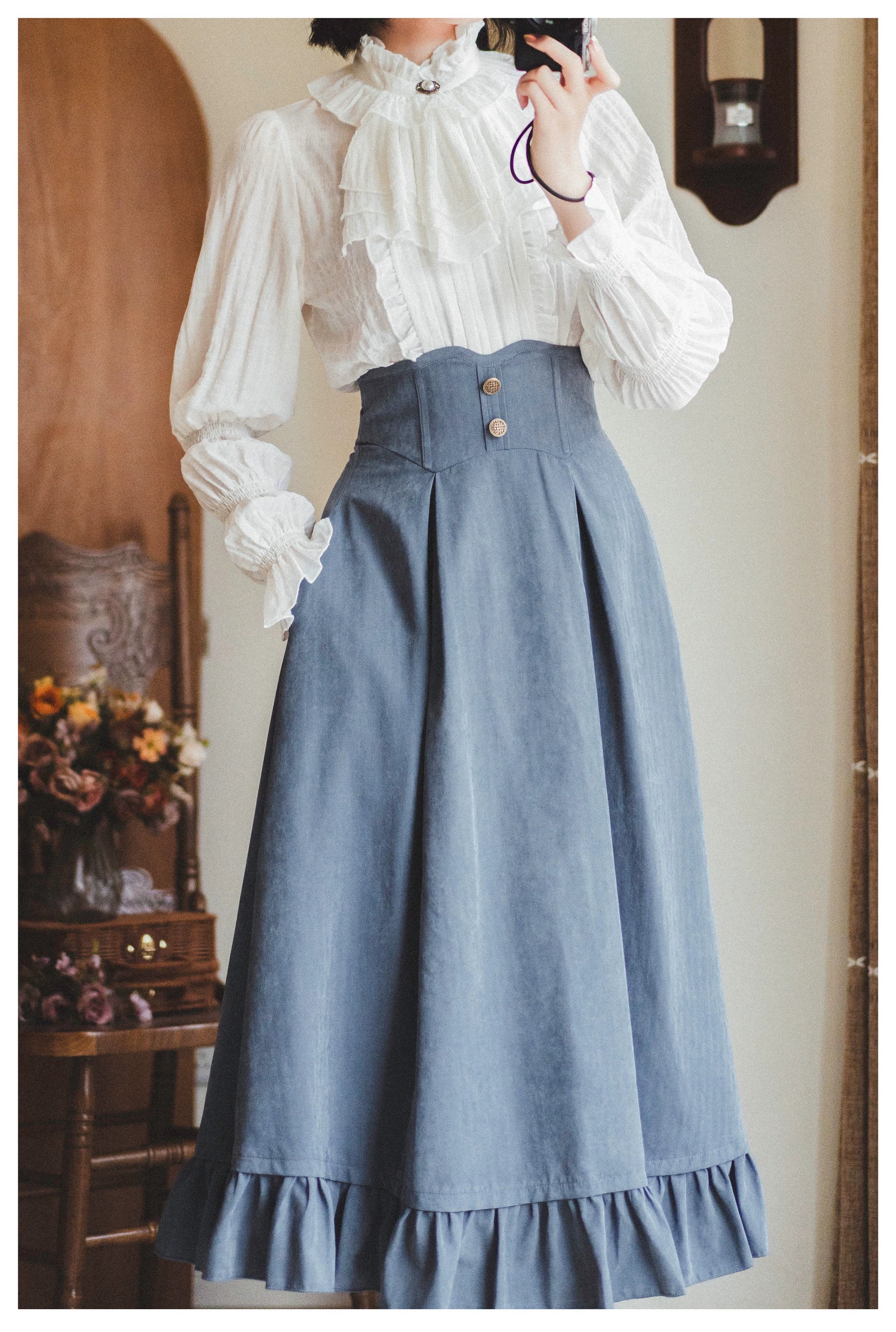Classic Lolita A-Line Skirt, Button-Front Vest and White Blouse - image 32