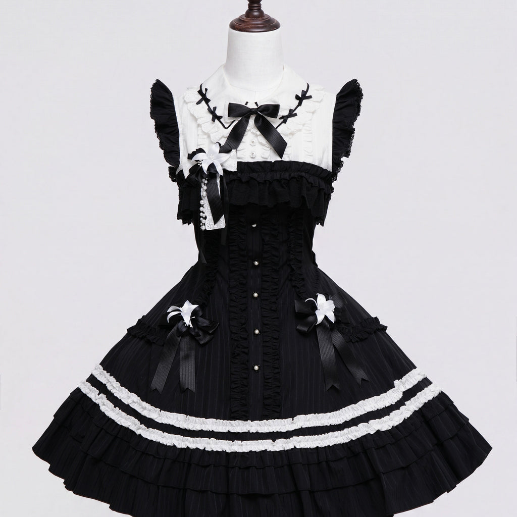 Lily Doll - Gothic Lolita Black White Contrast JSK Dress with Ruffles and Accessories - image 3