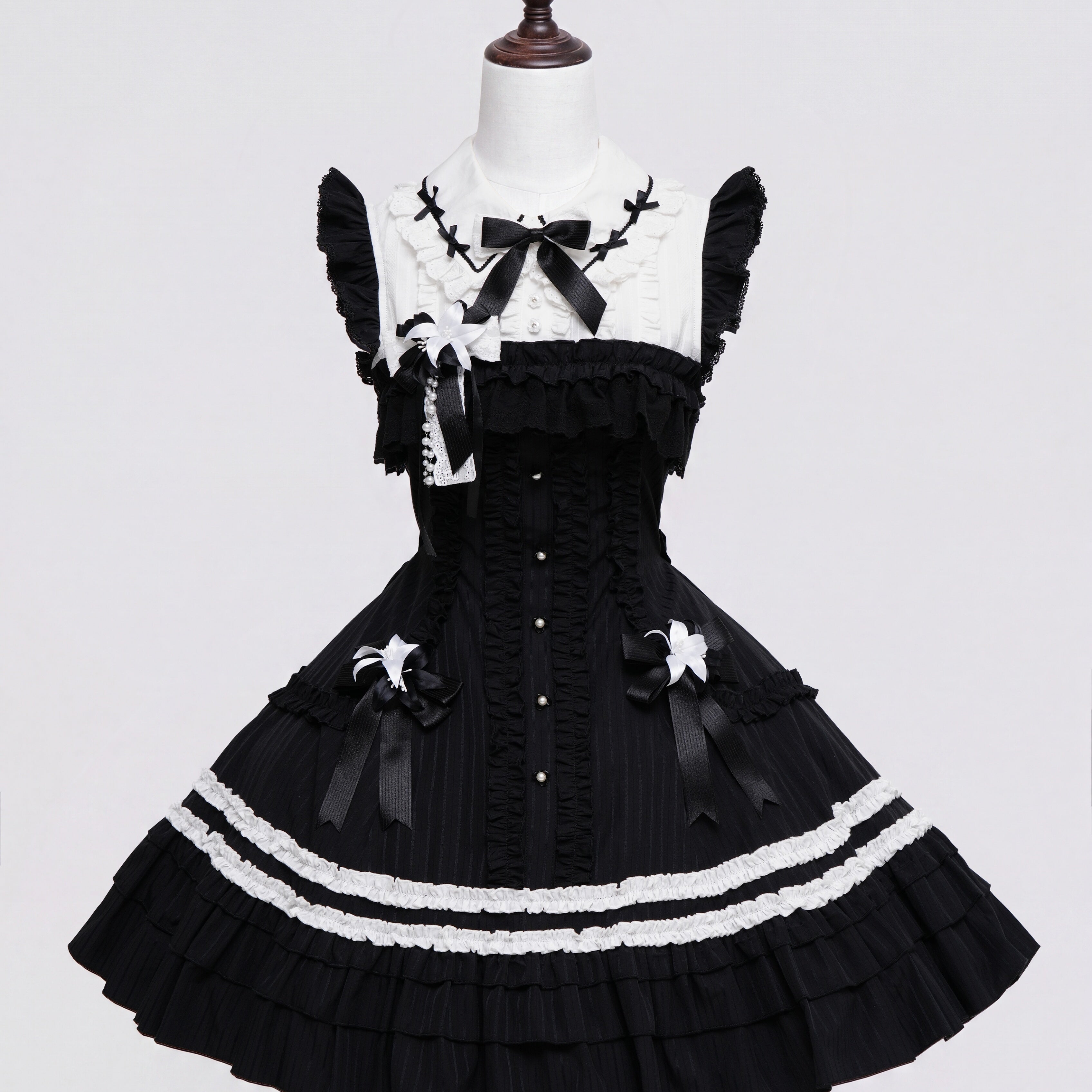 Lily Doll - Gothic Lolita Black White Contrast JSK Dress with Ruffles and Accessories - image 3