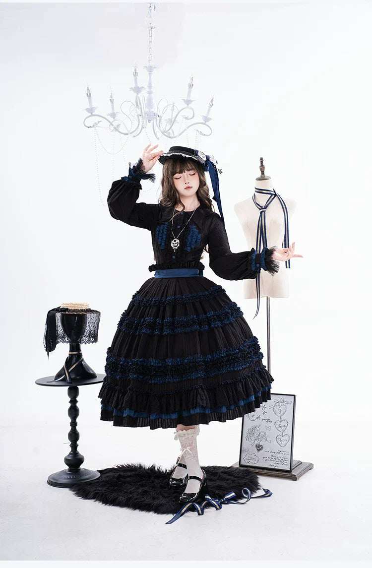 Wings and Bouquet - Dark Classic Lolita Blouse and SK Set, Layered Blue Ruffles - image 4