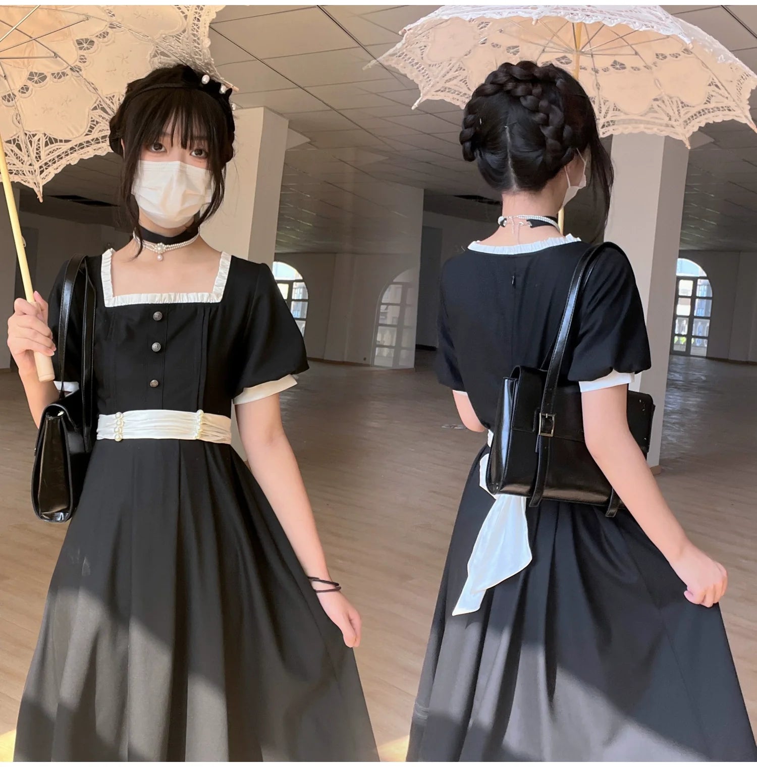 Thoughts - Vintage Black Lolita OP Dress with Square Neckline - image 8