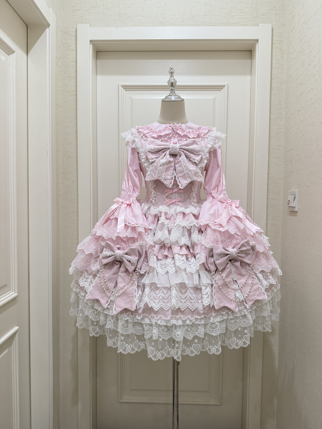Cross Heart Knot - Sweet Lolita JSK Suit Tiered Ruffles Dress with Lace Blouse - image 2