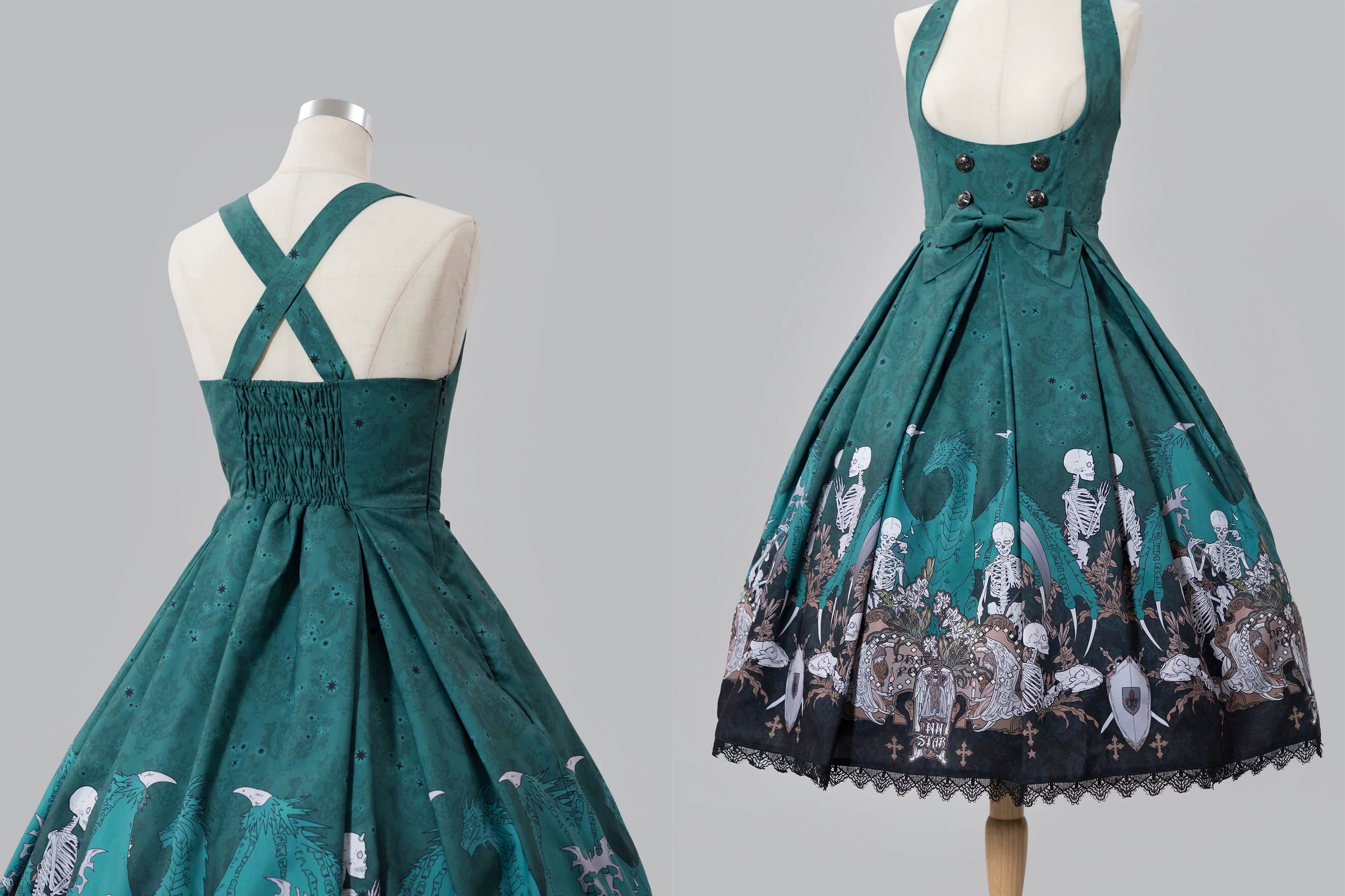 Dragon Bone Lily - Vintage Gothic Lolita Dragon & Skeleton Print JSK Dress and Accessories - image 15