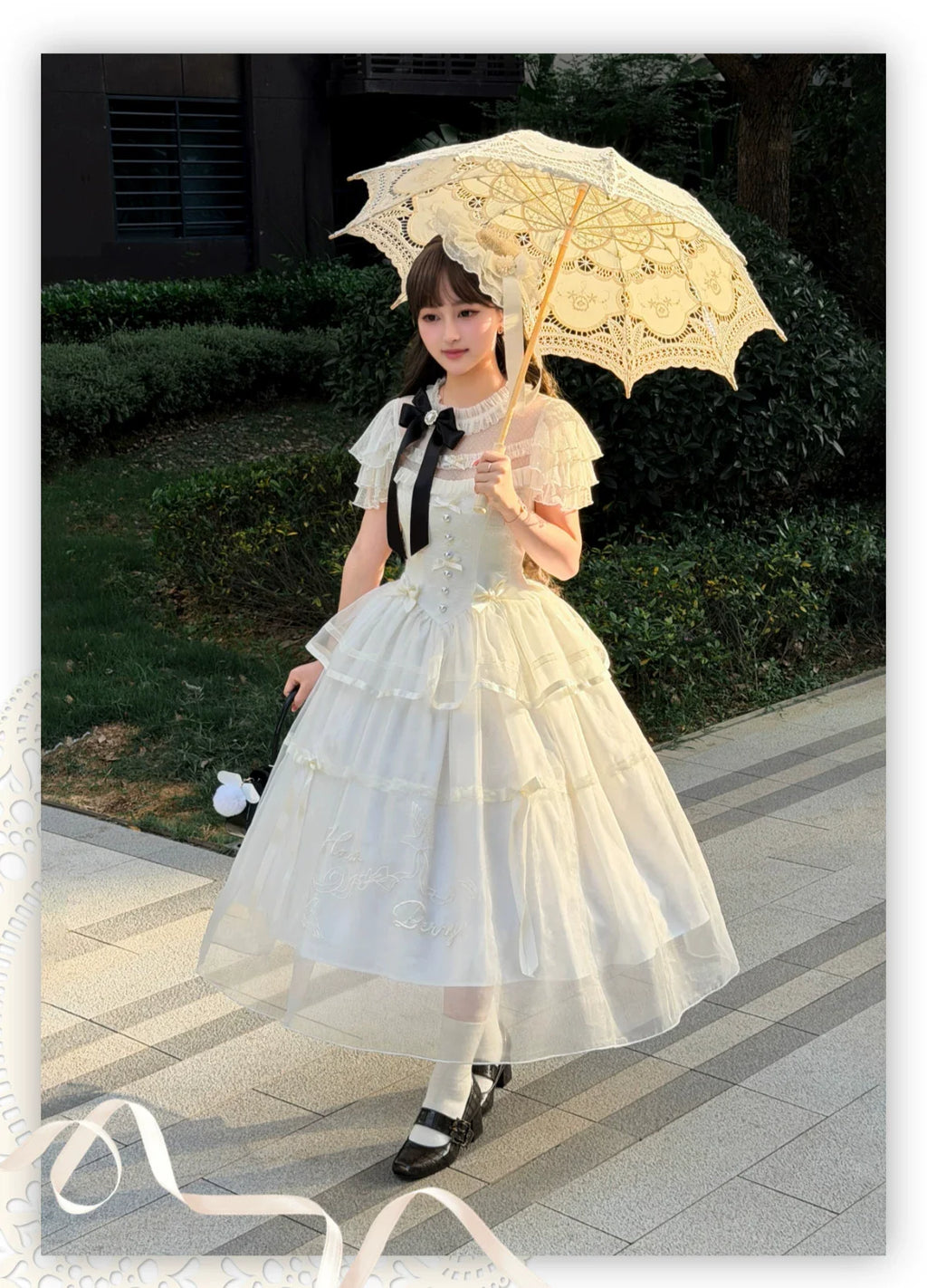 White Bird Love Letter - Classic Lolita Jacquard OP Dress, Embroidered Tulle Hem and Accessories - image 15