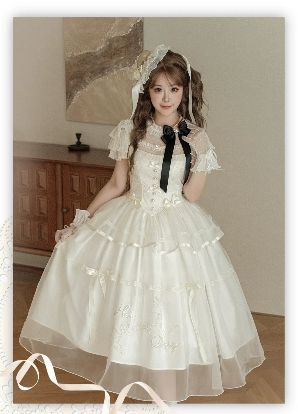 White Bird Love Letter - Classic Lolita Jacquard OP Dress, Embroidered Tulle Hem and Accessories - image 10