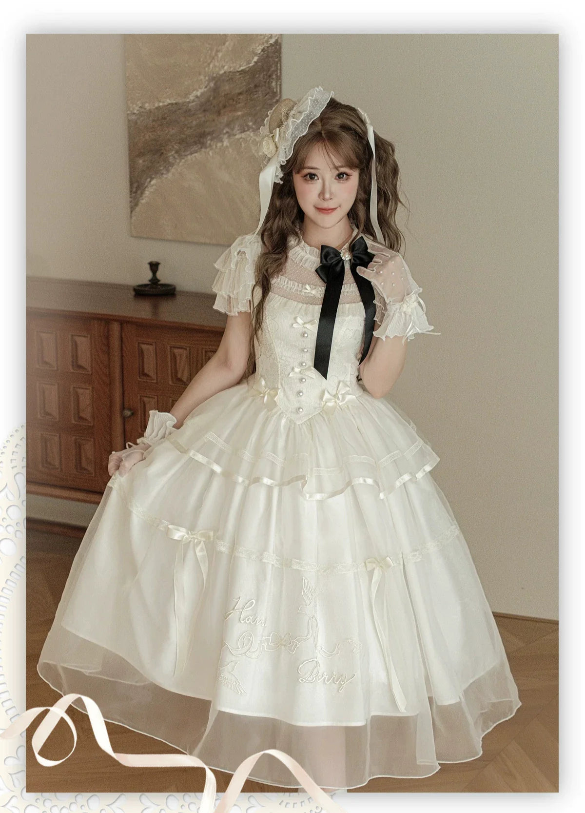 White Bird Love Letter - Classic Lolita Jacquard OP Dress, Embroidered Tulle Hem and Accessories - image 10