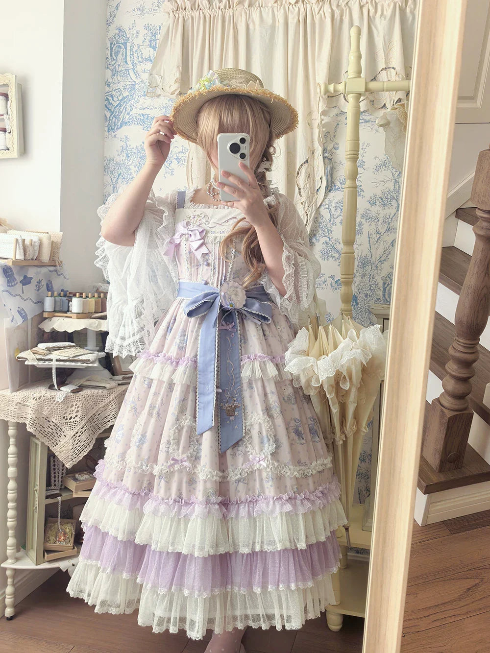 Bloom Lamb - Classic Lolita Embroidered JSK Dress, Tiered Hem - image 3