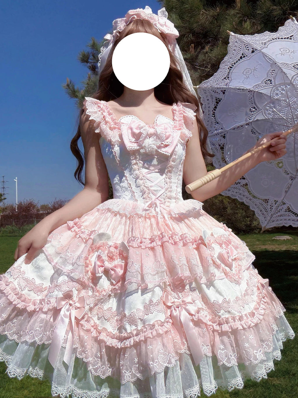 Heart Bear - Sweet Lolita Jacquard JSK Dress, Layered Lace and Accessories - image 1