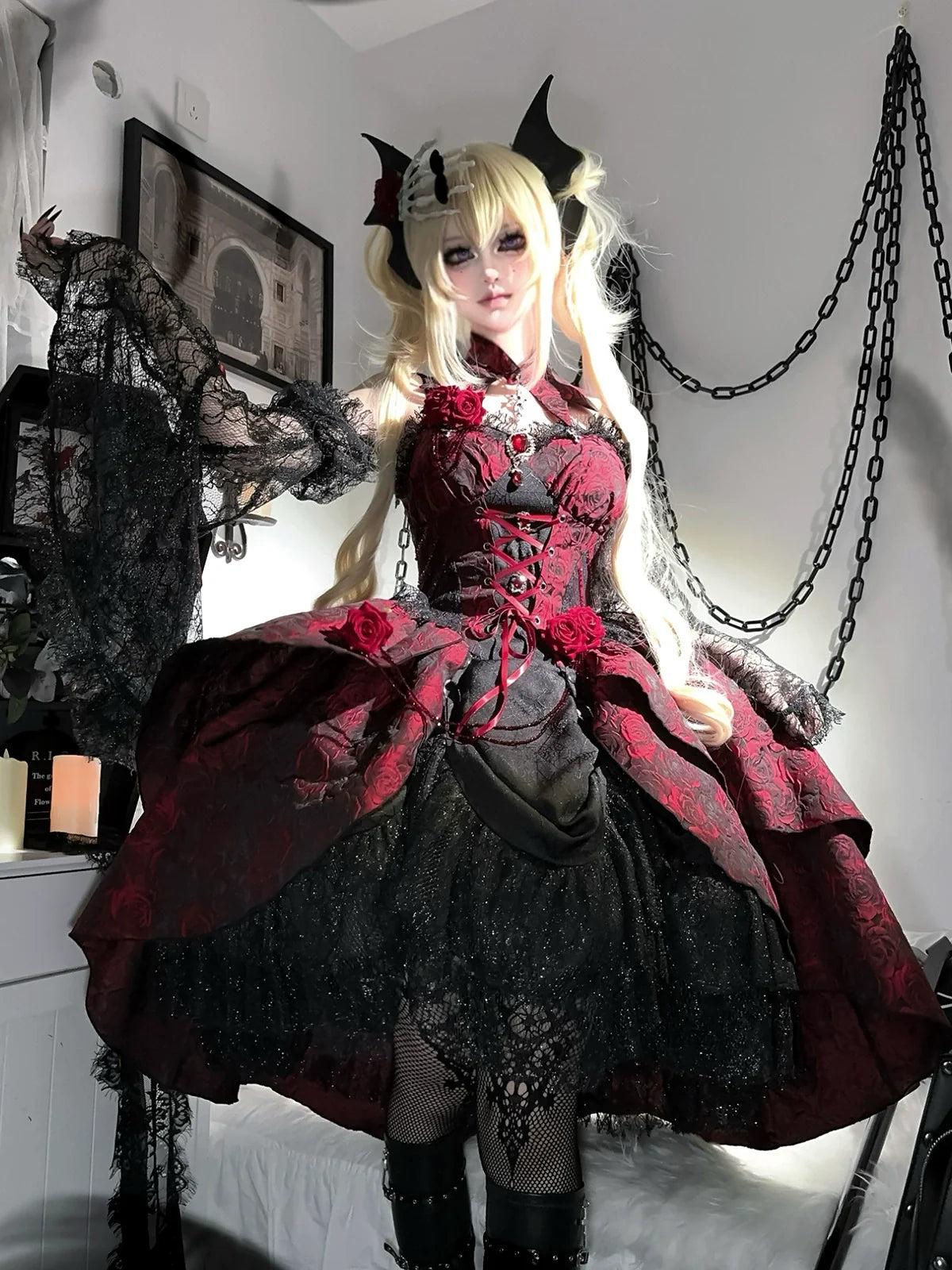Rose Blood - Black Red Gothic Lolita JSK Jacquard Court Dress - image 9