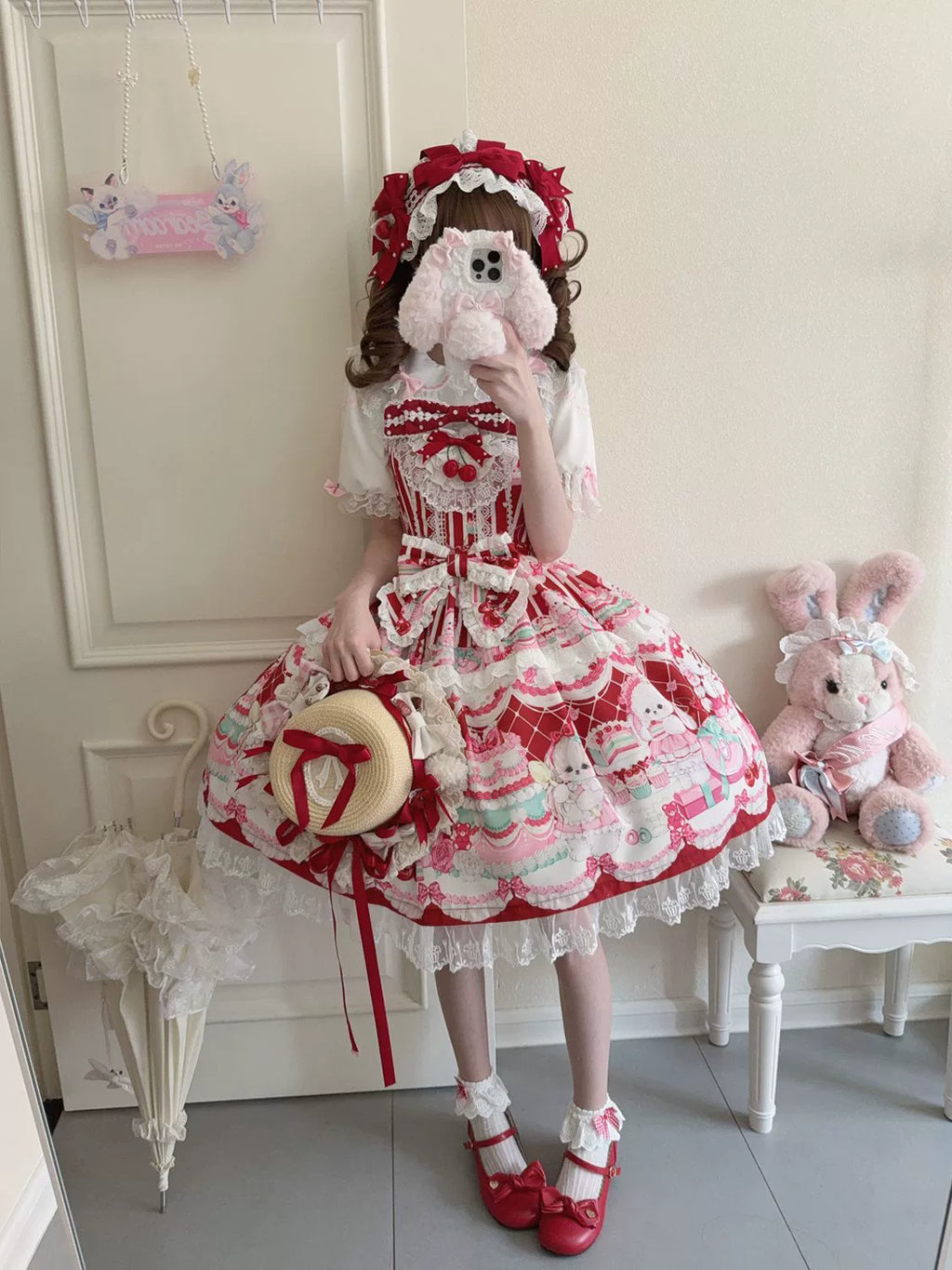 Cherry Bake Song - Kawaii Lolita JSK Dress With Dessert Print & Cherry Bow - image 10