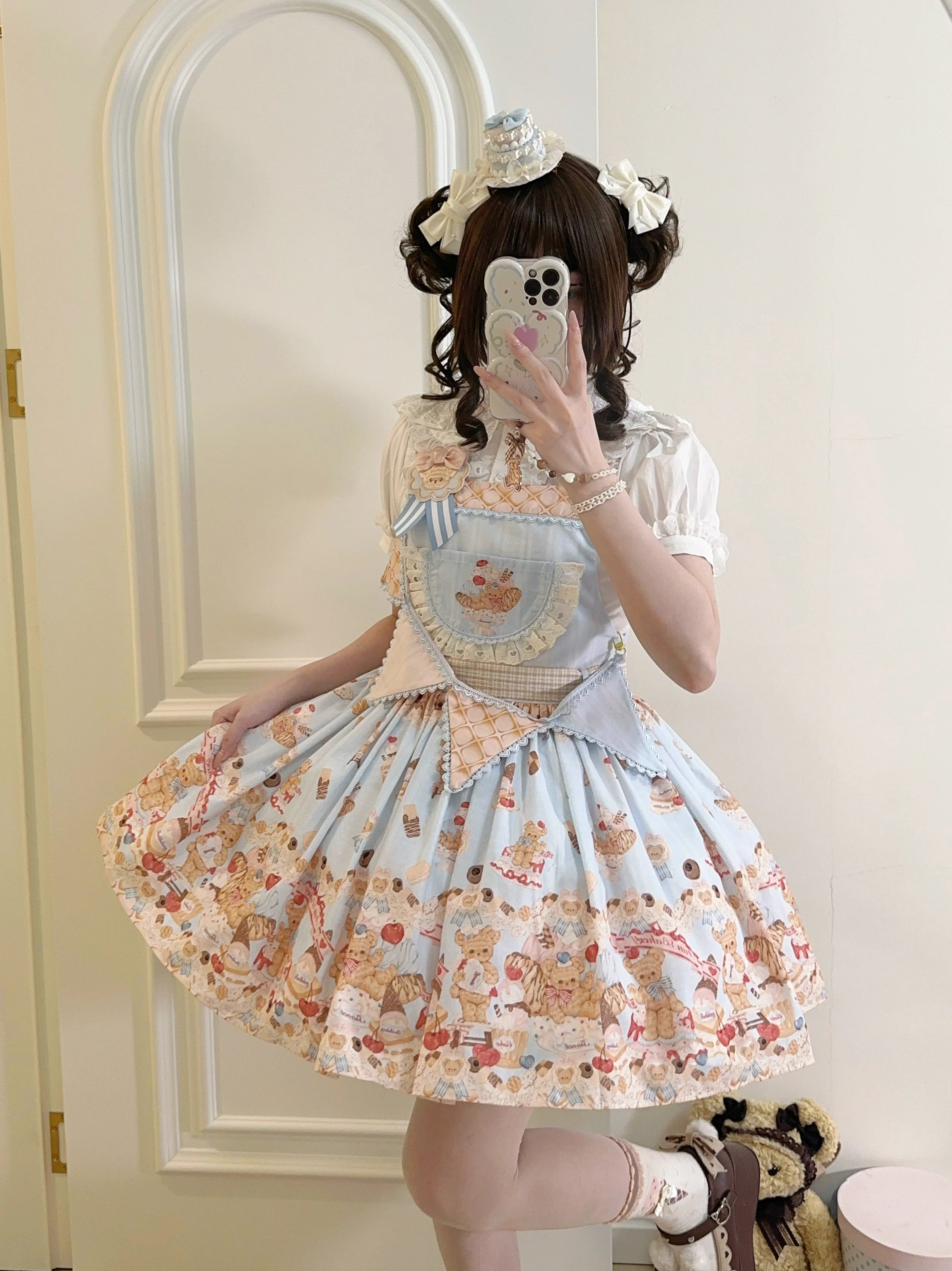 Little Bear Bonny - Kawaii Lolita Salopette, Bear & Dessert Print - image 2