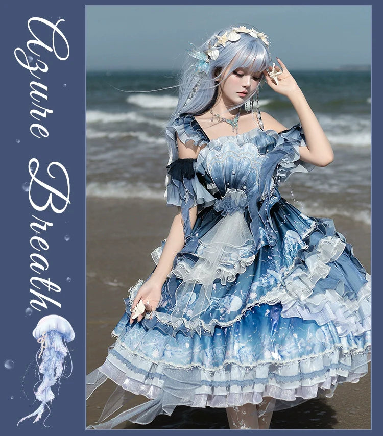 Blue Breath Jellyfish - Classic Lolita JSK Dress, Side Zipper - image 29