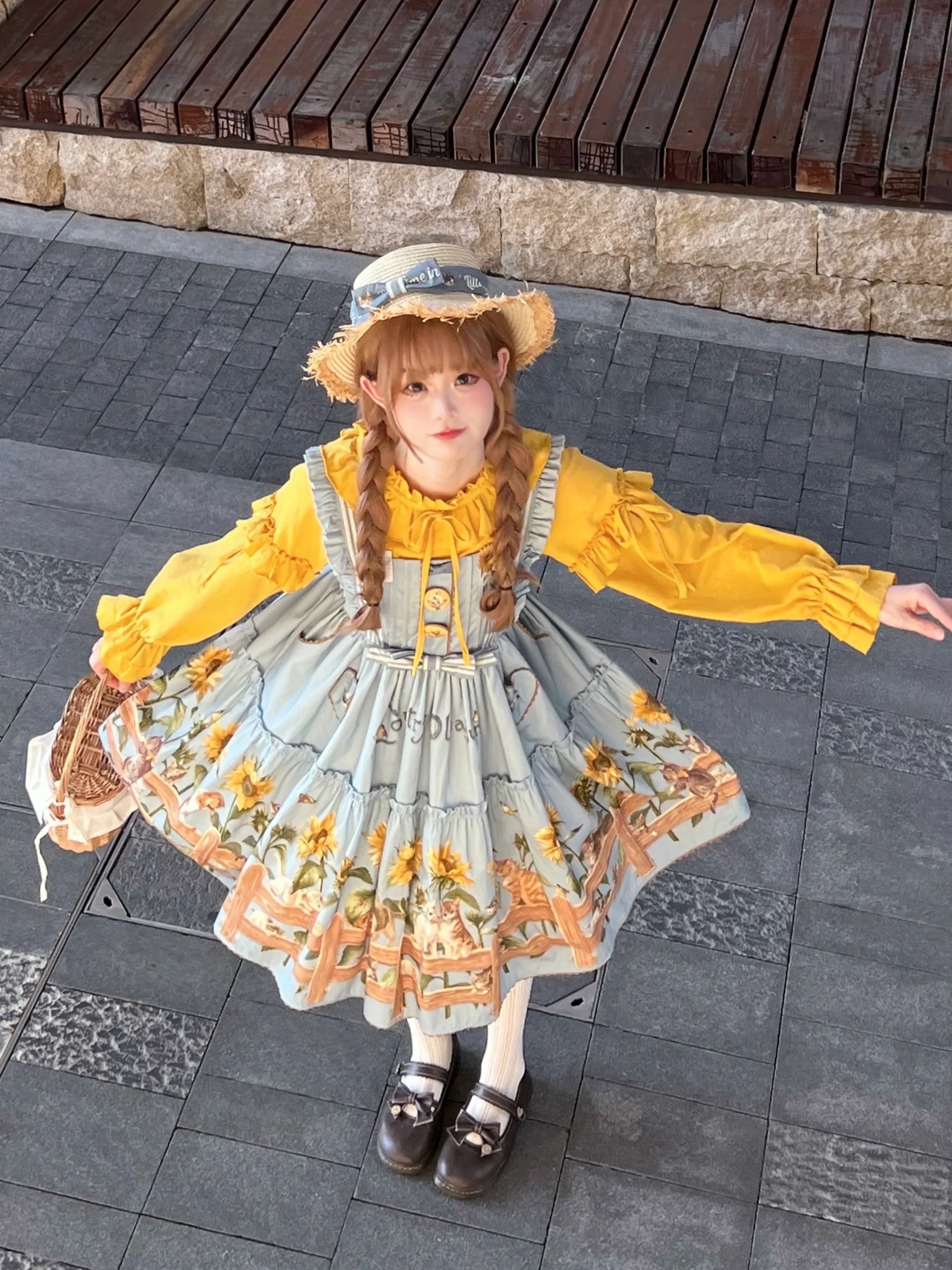 Cat and Sunflower - Sweet Lolita JSK, Cat and Sunflower Print - image 5