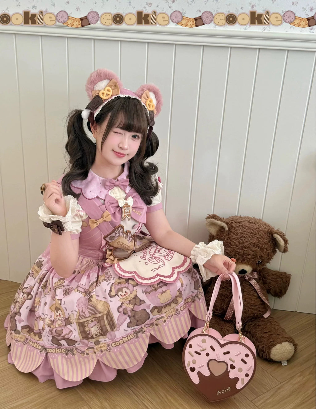 Bear Biscuit SP - Kawaii Lolita Bear Printed Dress Set with Bows - image 22