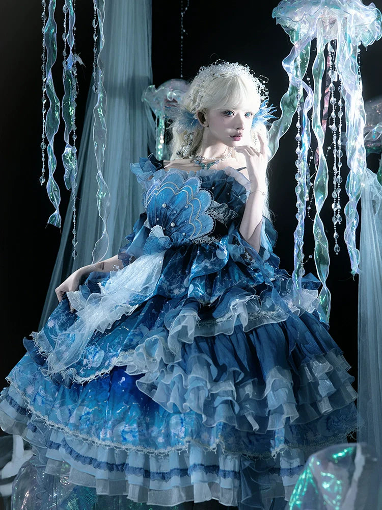Blue Breath Jellyfish - Classic Lolita JSK Dress, Side Zipper - image 5