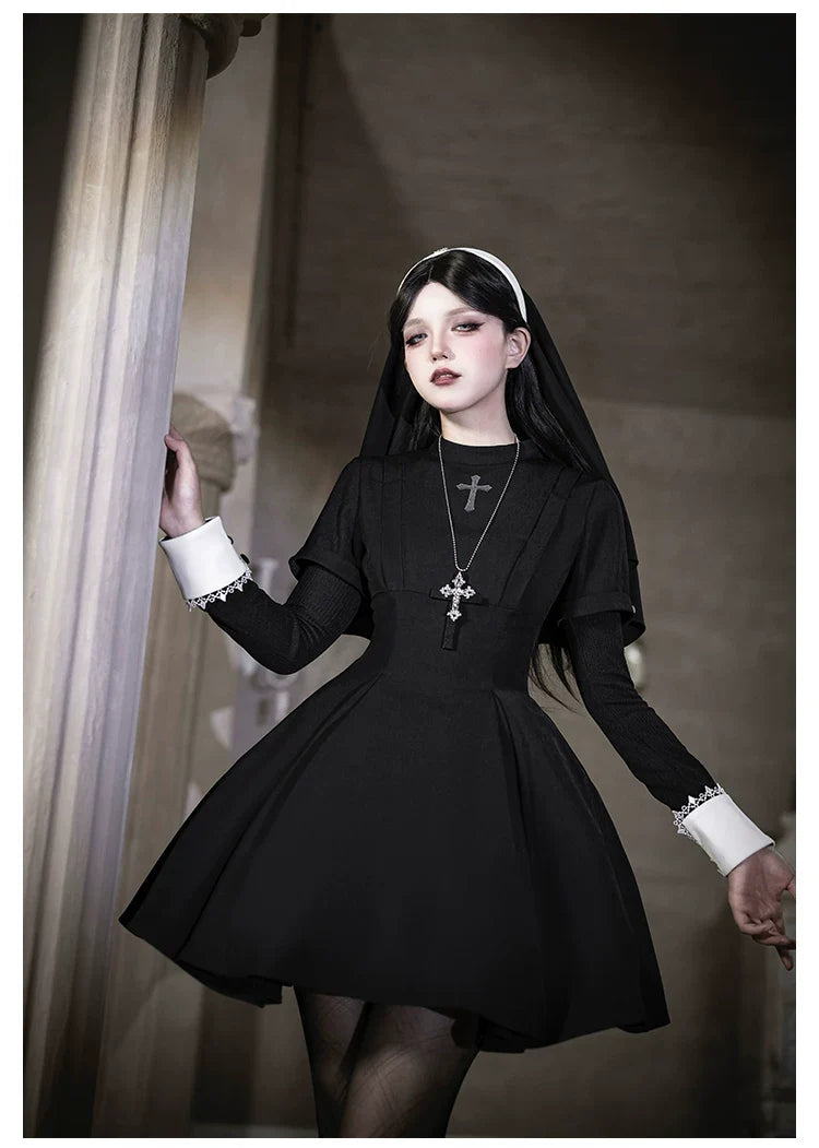 Nihil - Gothic Nun Lolita OP Dress, Irregular Hem Cape and Accessories - image 7