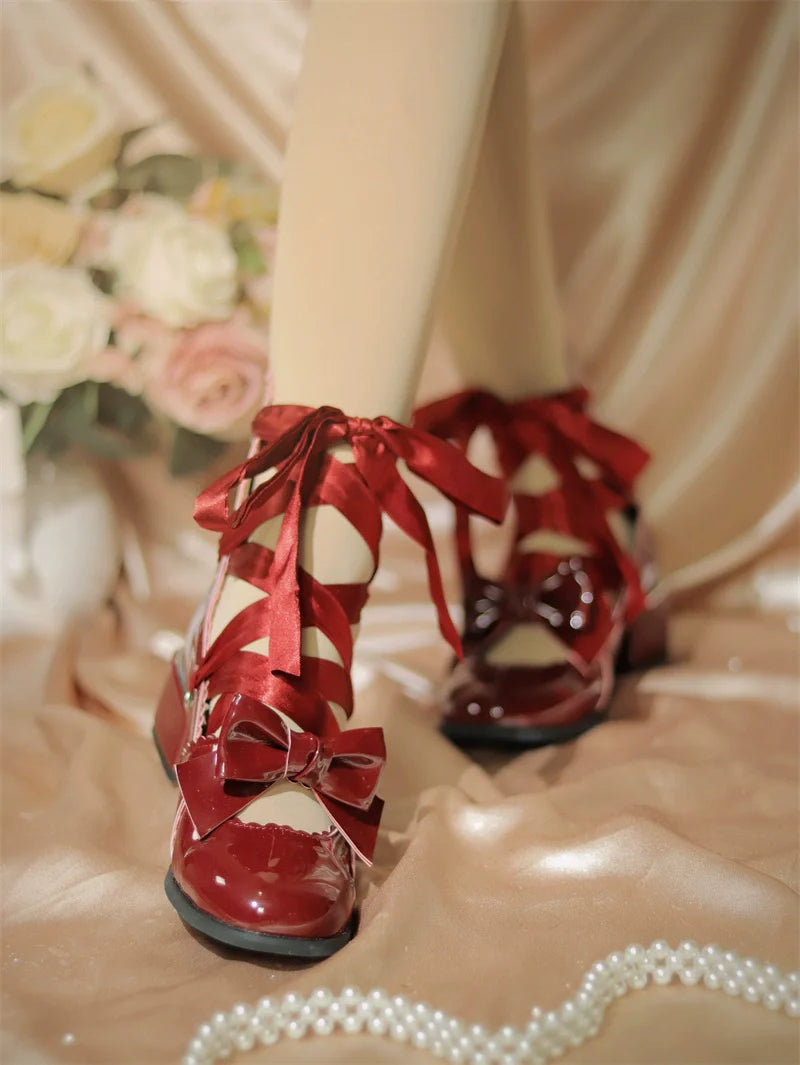Muse Kiss - Elegant Lolita Shoes Lace-up Bow Heels Round Toe - image 3