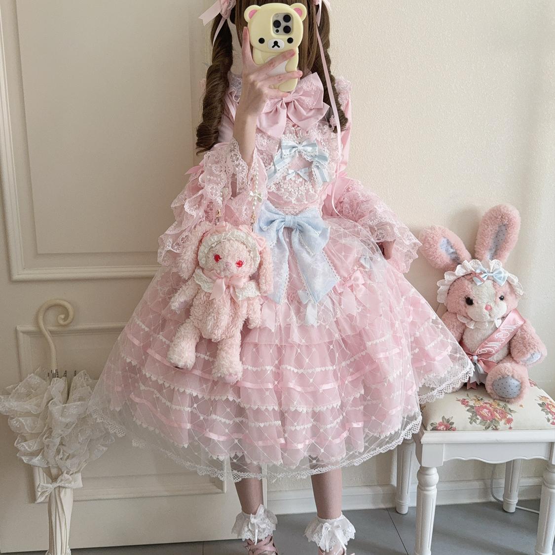 Spring Awakening - Sweet Lolita JSK and Princess-Sleeved Shirt with Lace Detail and Accessories - image 5