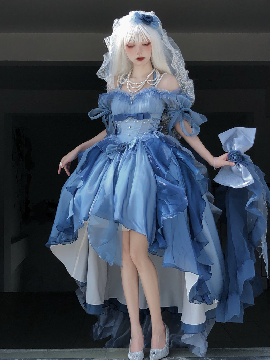Elegant Gradient Dark Blue Lolita Prom Dress Set - image 5