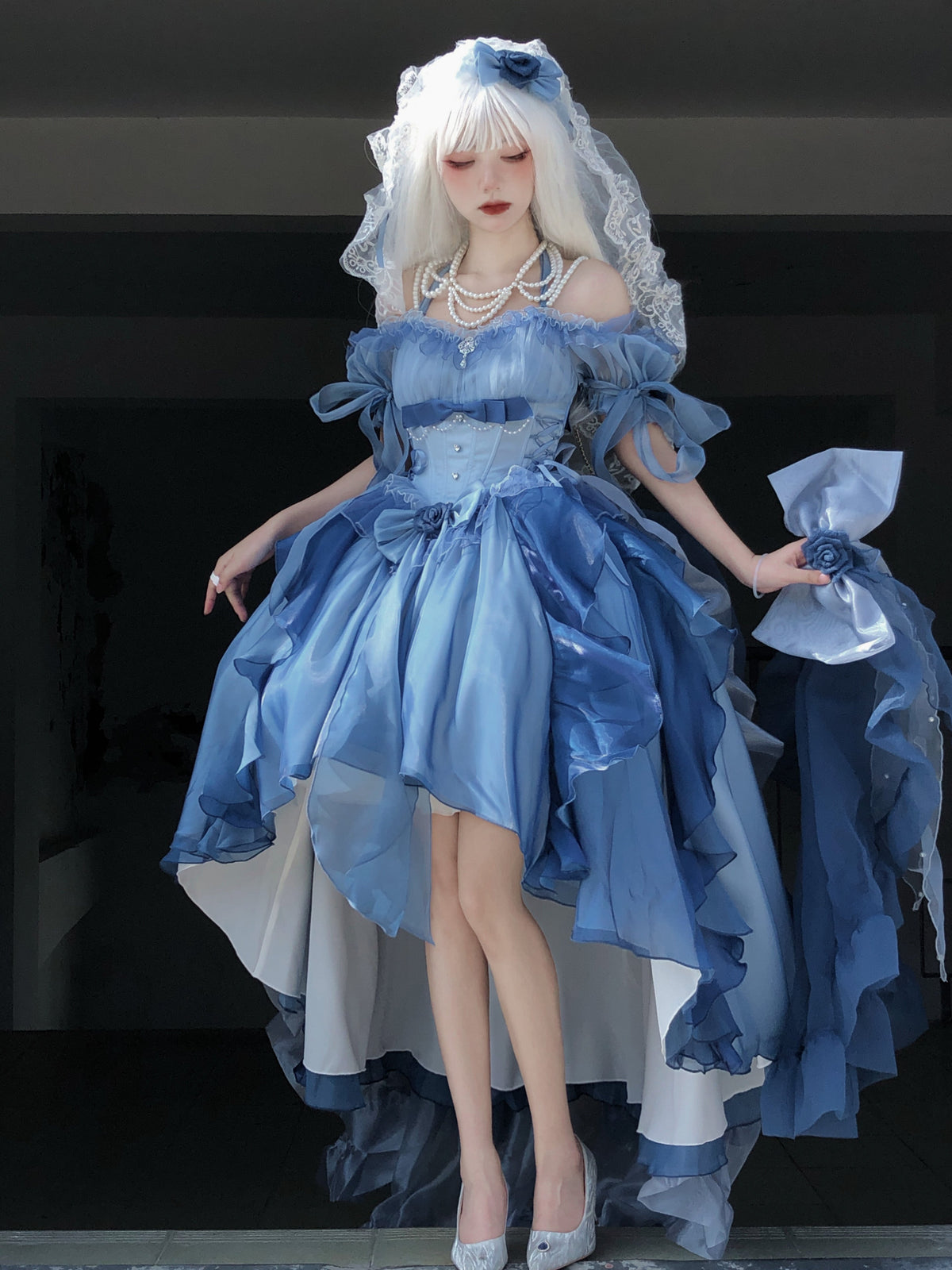 Elegant Gradient Dark Blue Lolita Prom Dress Set - image 5