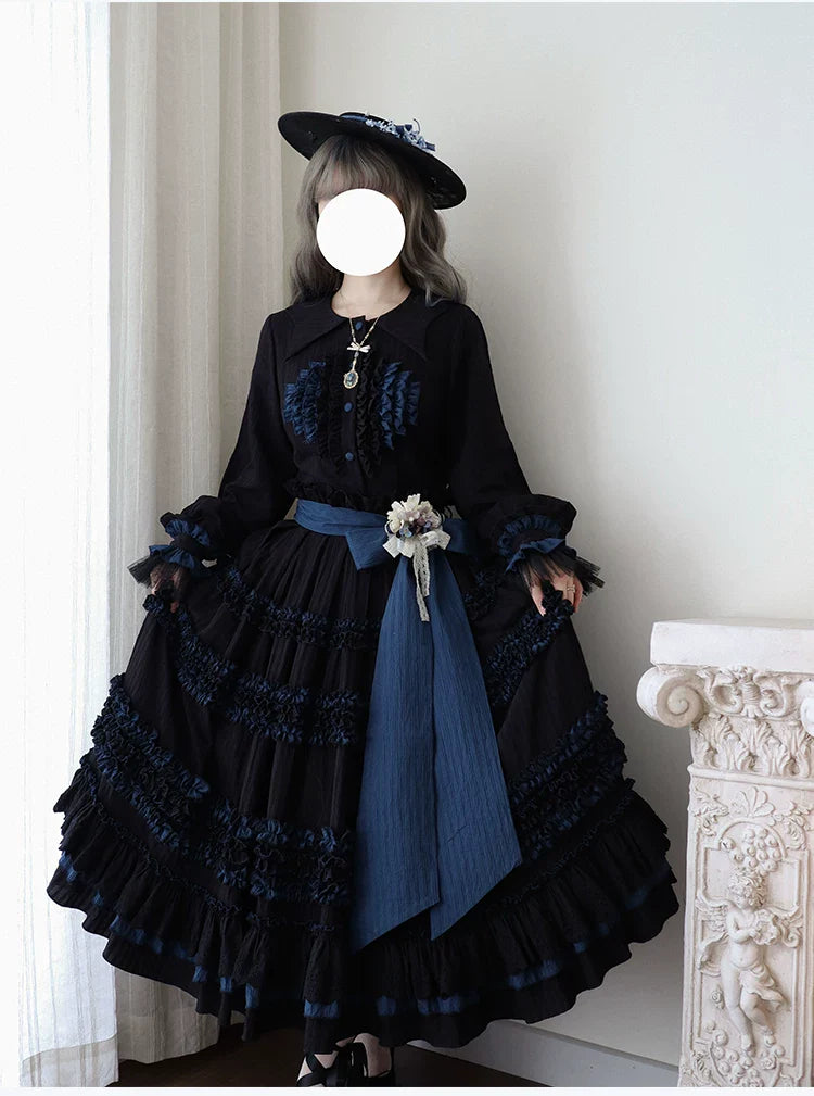 Wings and Bouquet - Dark Classic Lolita Blouse and SK Set, Layered Blue Ruffles - image 15