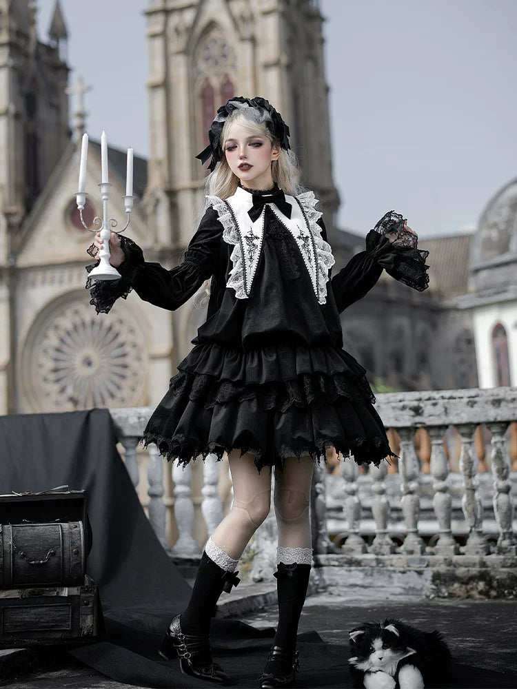 Dawn Bell & Dusk Song - Gothic Lolita Velvet OP Dress, Back Zipper and Accessories - image 4