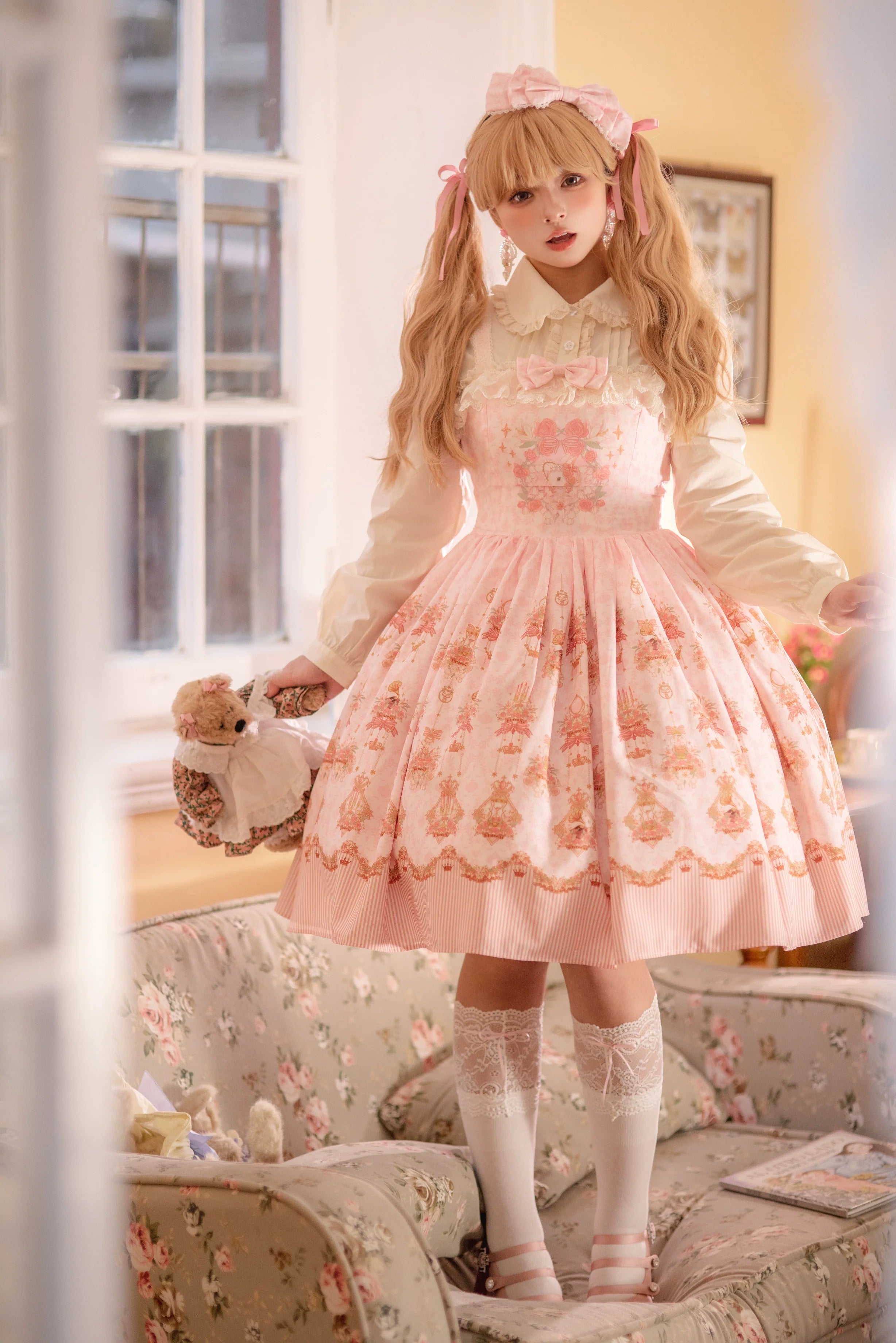 Rose Garden Bunny - Daily Lolita Rose Bunny Printing OP JSK Dress Set - image 9