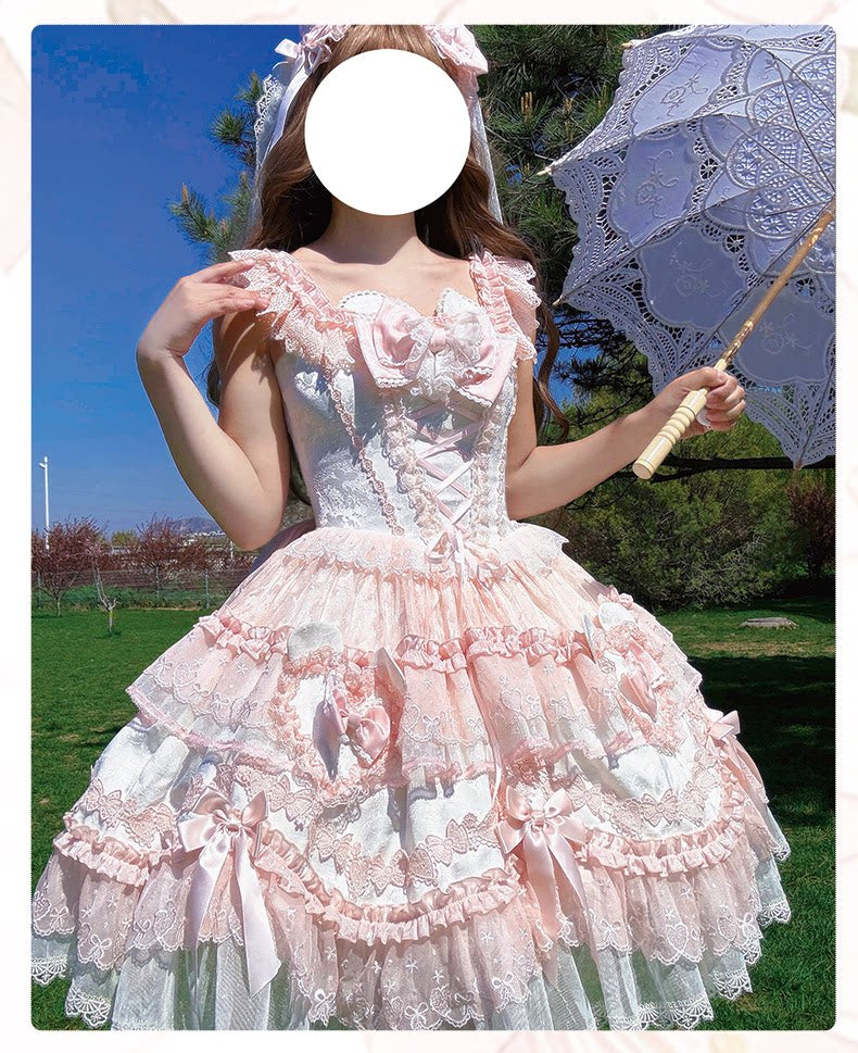 Heart Bear - Sweet Lolita Jacquard JSK Dress, Layered Lace and Accessories - image 6