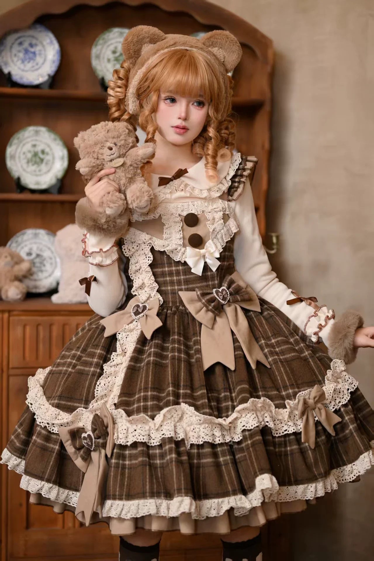 Choco Chestnut - Plaid Kawaii Lolita JSK Dress, Peter Pan Collar Cape - image 5