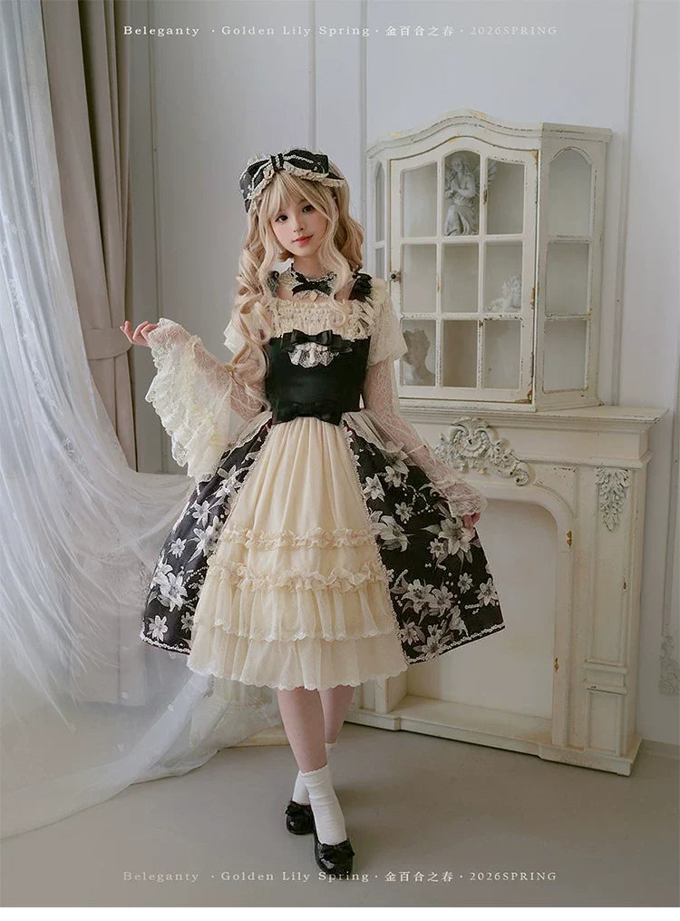 Spring of Golden Lily - Satin Classic Lolita Lily Print Dress, Front Opening and Accessories - image 3