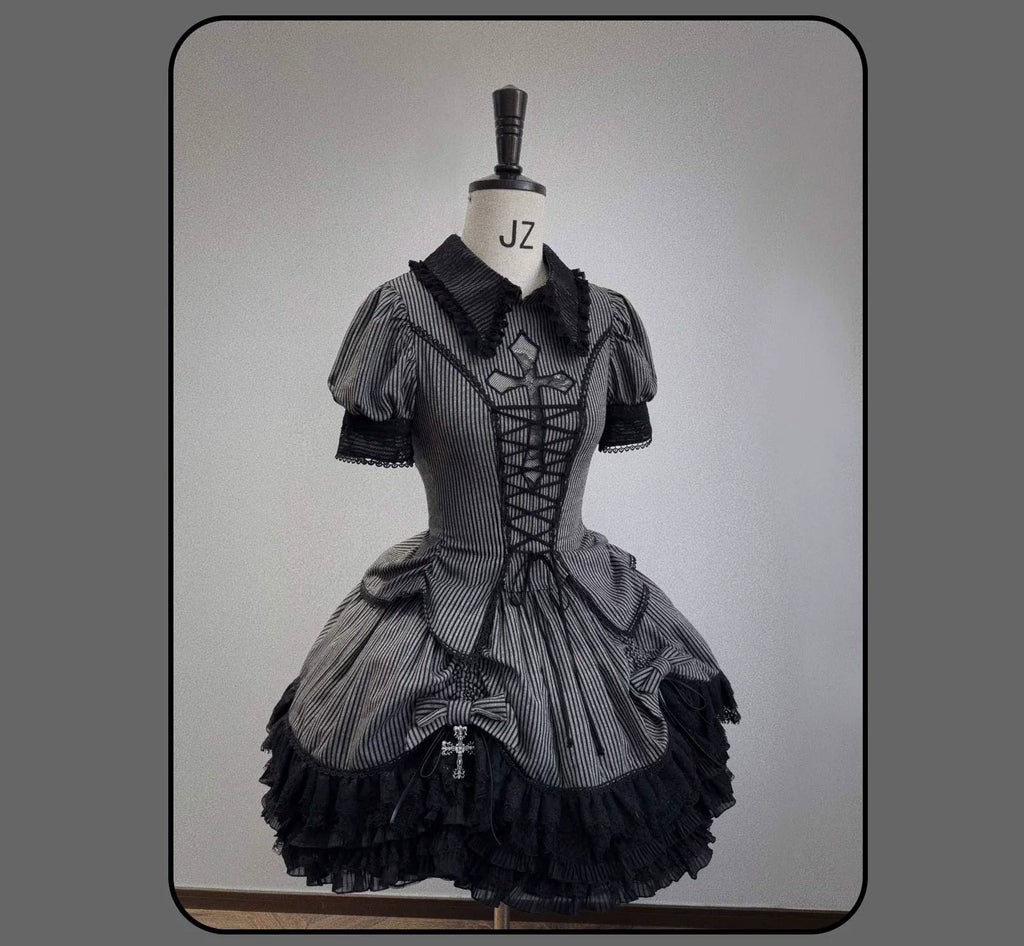Striped Cross - Gothic Coordinated Lolita Set, Adjustable Blouse & Skirt - image 20