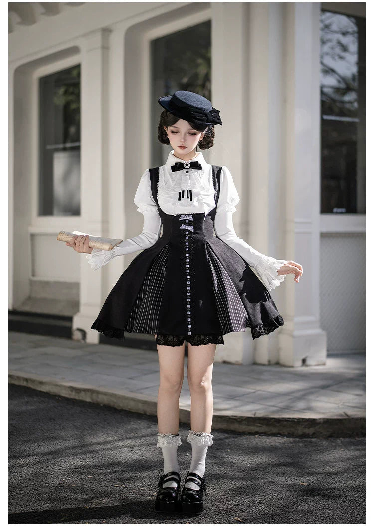 Monochrome Sonata - Classic Lolita Bust-supporting JSK Set, Piano Inspired - image 20