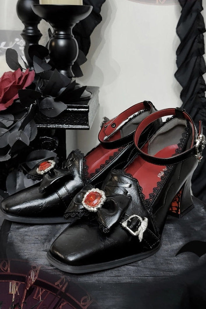 Night Banquet - Gothic Lolita Square-Toe Shoes with Ruby Bow - image 6