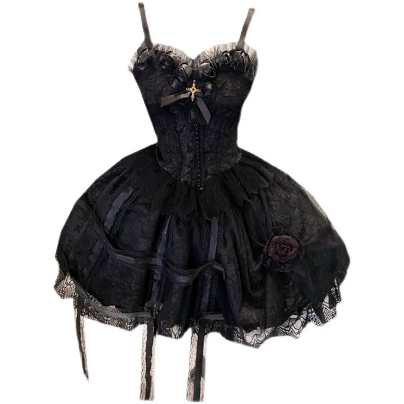 Rose Cage - Gothic Lolita Black Suspender Dress - image 17