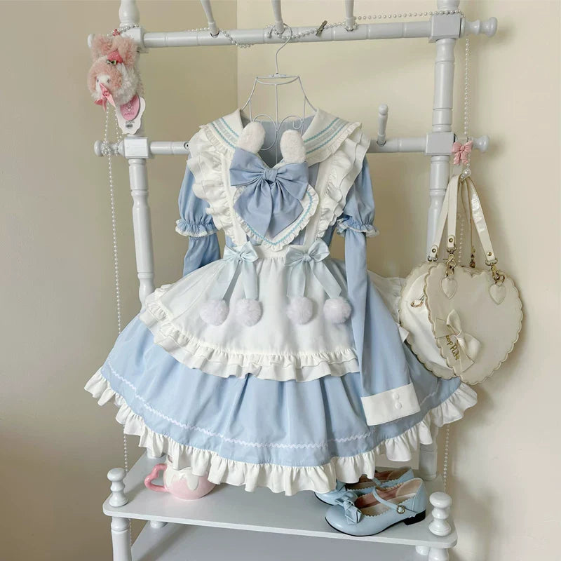 Sweet Bunny Pom-pom - Maid Lolita Bunny Ear Collar OP Dress, Detachable Apron and Accessories - image 4