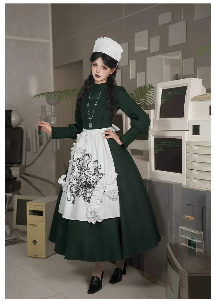 Abyss Clinic - Gothic Lolita Green Dress Set, Embroidery Accent - image 25