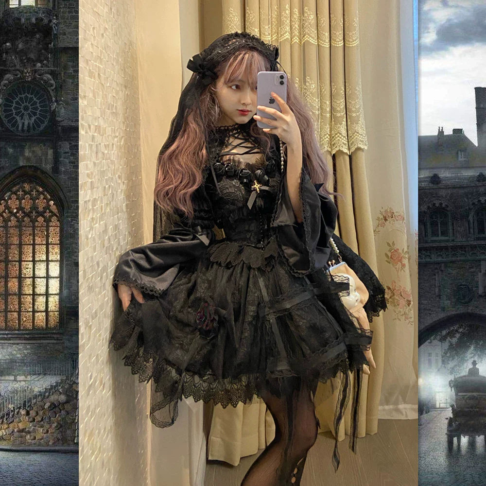 Rose Cage - Gothic Lolita Black Suspender Dress - image 2