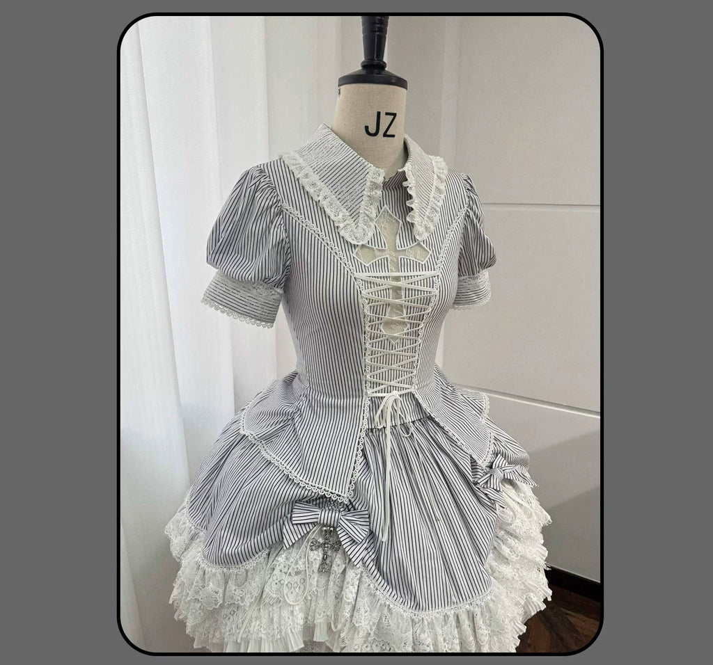 Striped Cross - Gothic Coordinated Lolita Set, Adjustable Blouse & Skirt - image 56