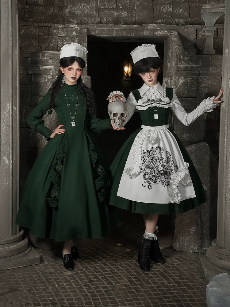 Abyss Clinic - Gothic Lolita Green Dress Set, Embroidery Accent - image 18
