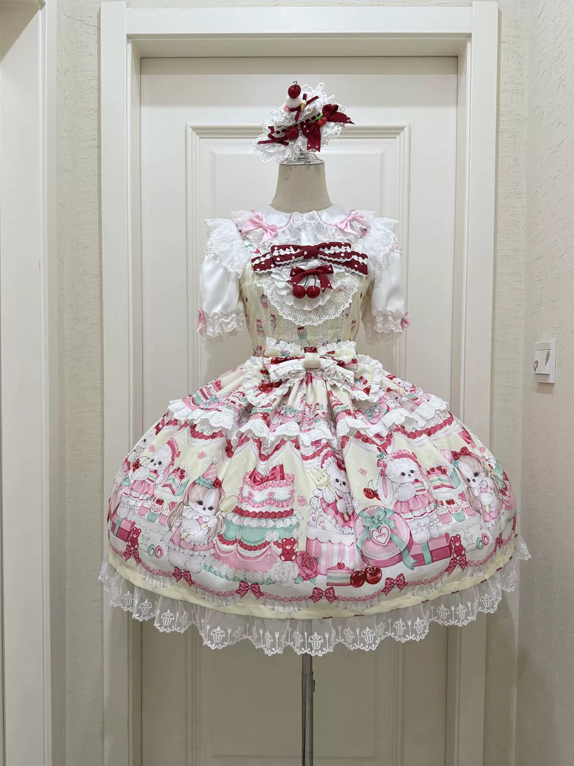 Cherry Bake Song - Kawaii Lolita JSK Dress With Dessert Print & Cherry Bow - image 8