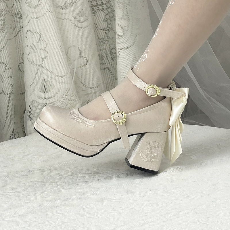 Dreamlike Lily of the Valley - Classic Lolita Platform Shoes with Back Large Bow - image 24