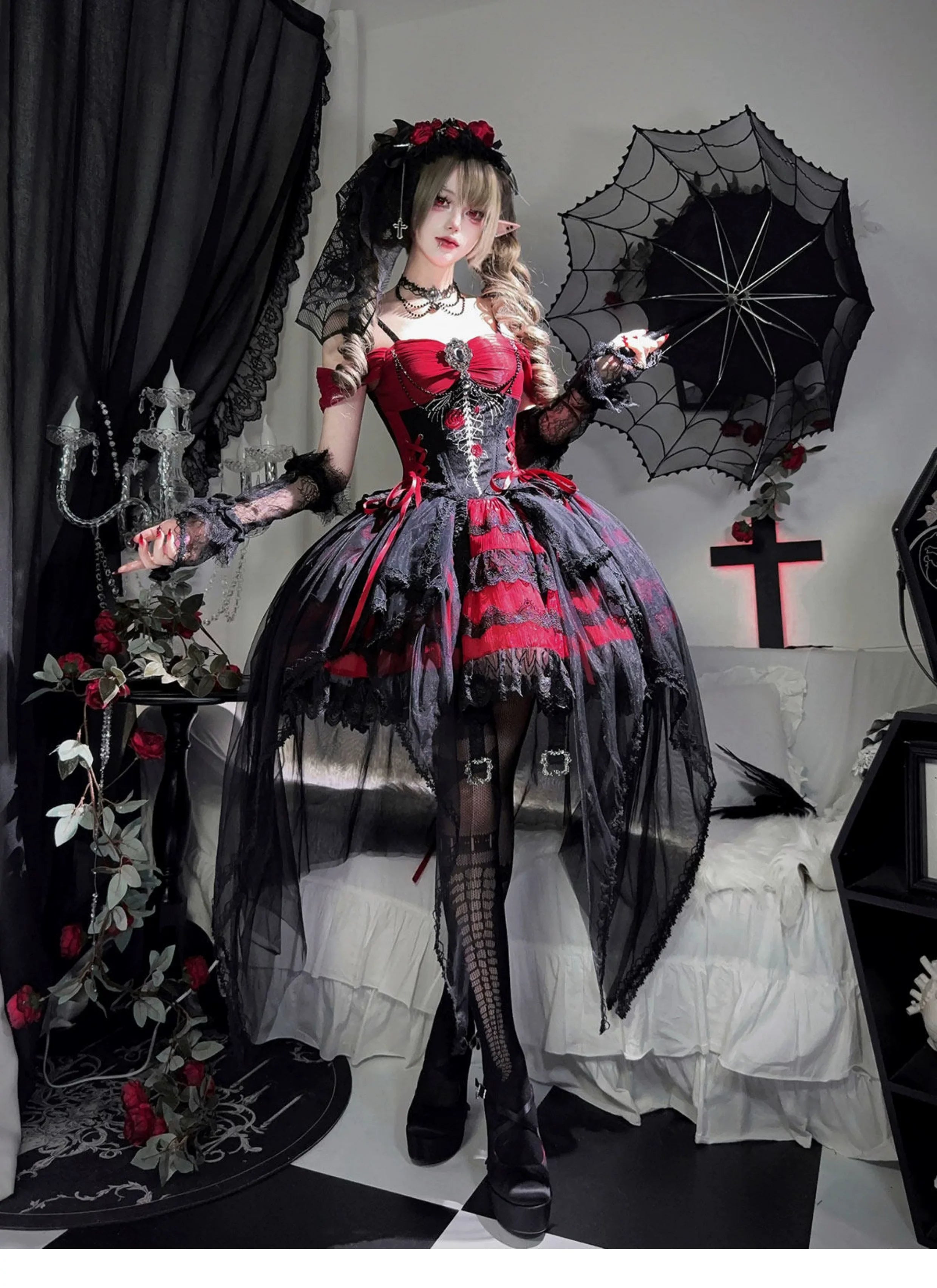 Eternal Thorn of the Dragonbone - Embroidered Gothic Lolita JSK Dress, Off-Shoulder and Accessories - image 8