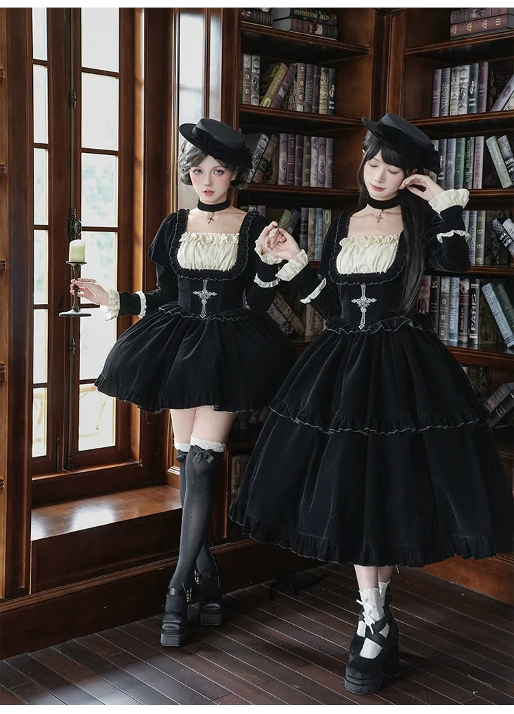 Apocalypse - Gothic Lolita Velvet OP Dress Set, Fishbone Waist - image 13