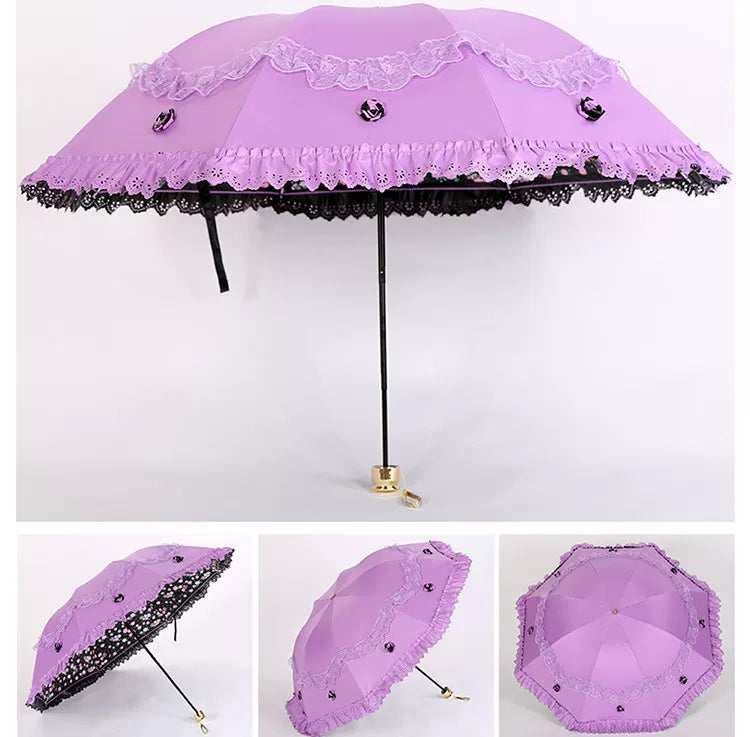 Foldable Lolita Parasol, Floral and Embroidery Detail - image 15